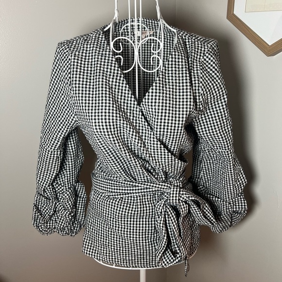 Esqualo Gingham Black White Checkered Wrap Puff Sleeve V Neck Blouse Sz 4 Cotton - Picture 1 of 6